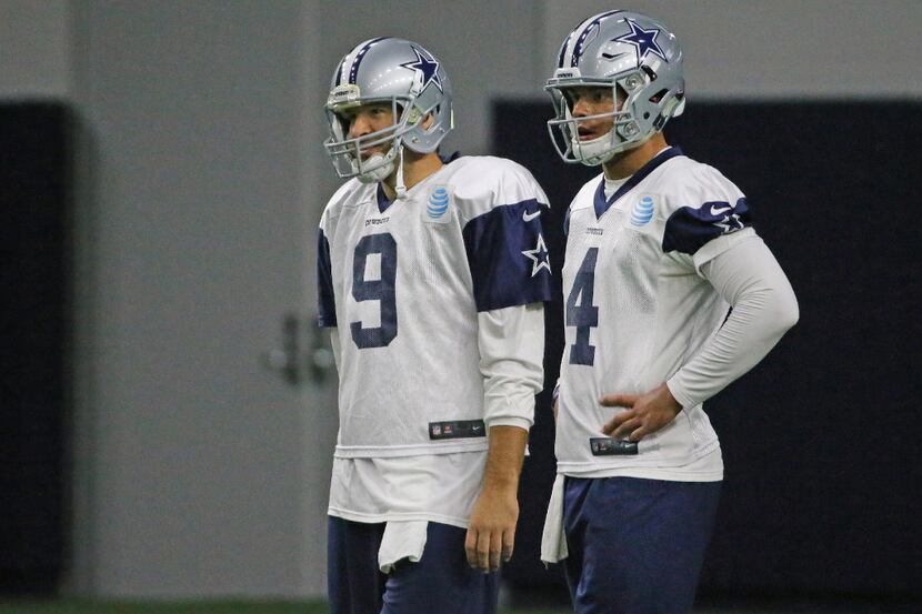 Dallas Cowboys quarterbacks Tony Romo (9) and Dak Prescott (4) are pictured together during...