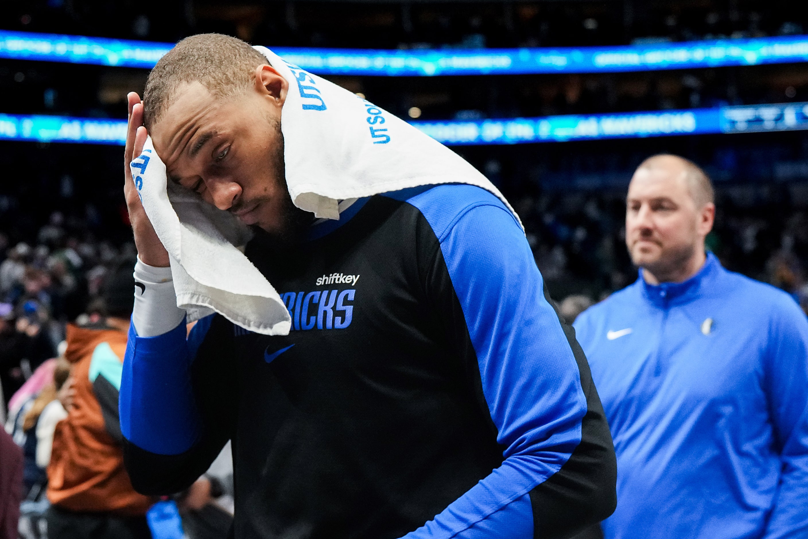 Dallas Mavericks center Daniel Gafford walks off the court after a loss to the Denver...