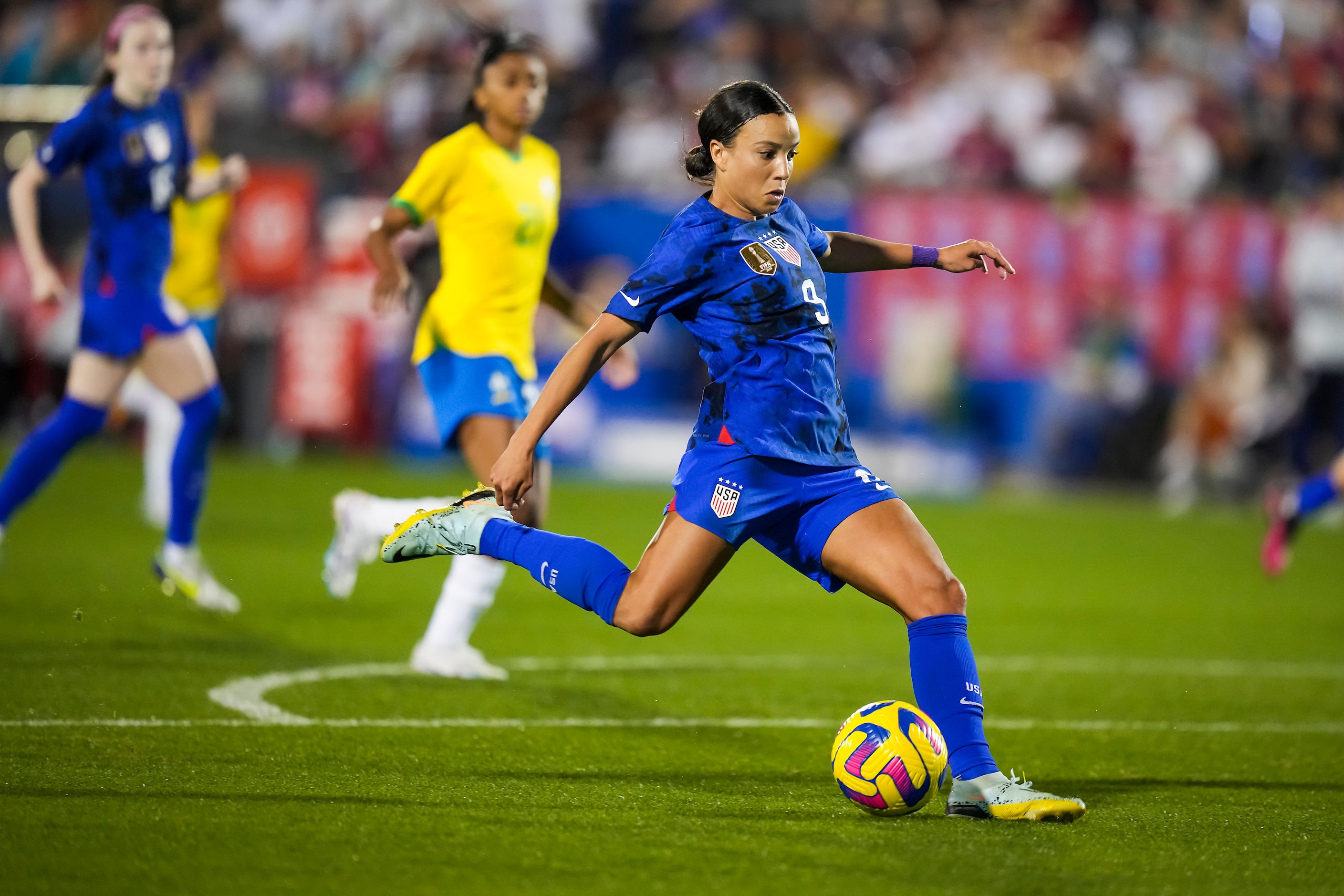 United States forward Mallory Swanson (9) scores on a shot in the 63rd minute during the...