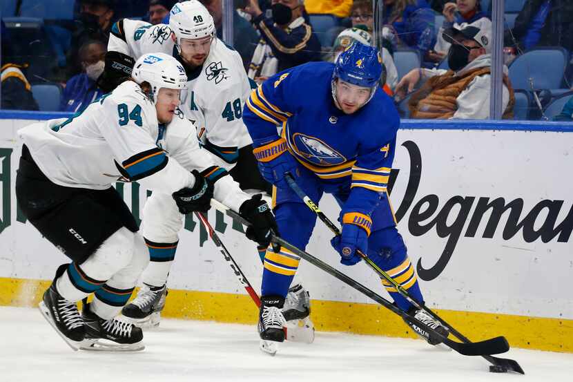 Buffalo Sabres defenseman Will Butcher (4) is pressured by San Jose Sharks left wing...