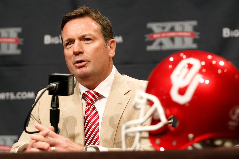 Oklahoma football coach Bob Stoops comments on his team during the Big 12 Conference...