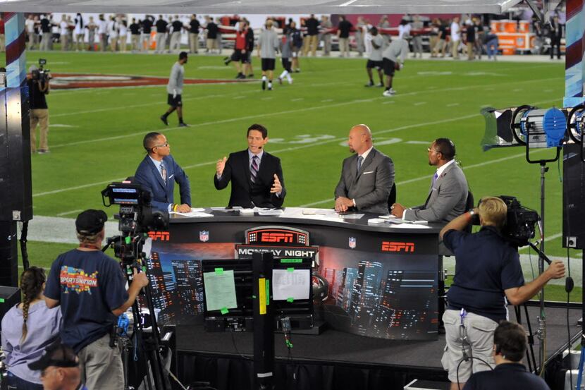 TAMPA, FL - NOVEMBER 11:  ESPN Monday Night Football commentators set up near the field...