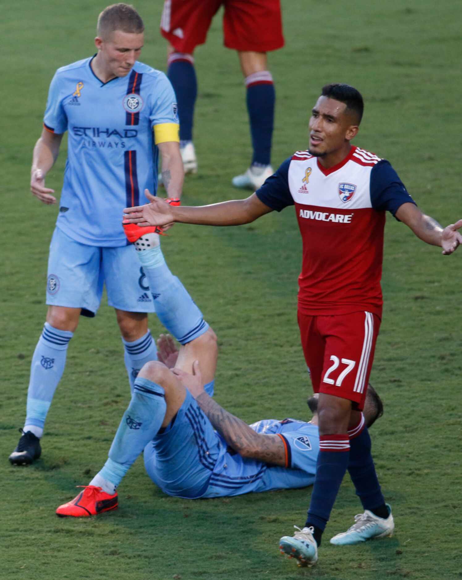 FC Dallas forward Jesus Ferreira (27) reacts to game officials during second half action...