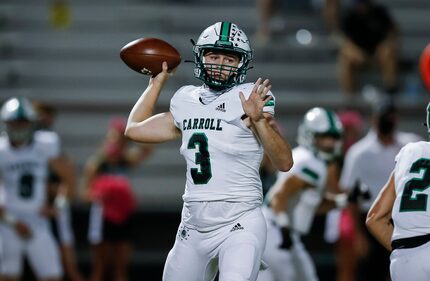 Southlake Carroll quarterback Quinn Ewers (3) attempts a pass during the first half of a...