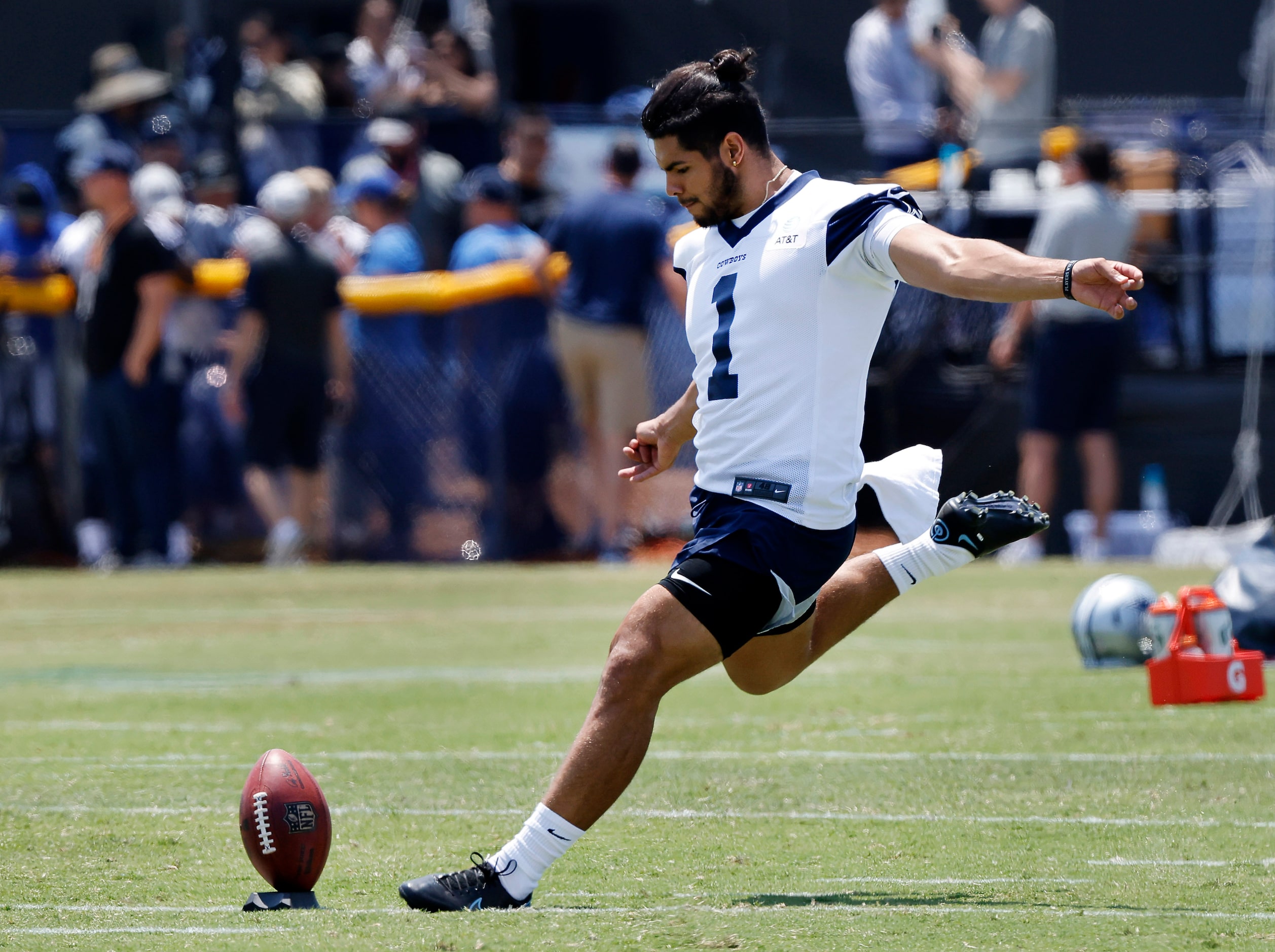 Dallas Cowboys kicker Jonathan Garibay (1) steps into a long field goal attempt during the...