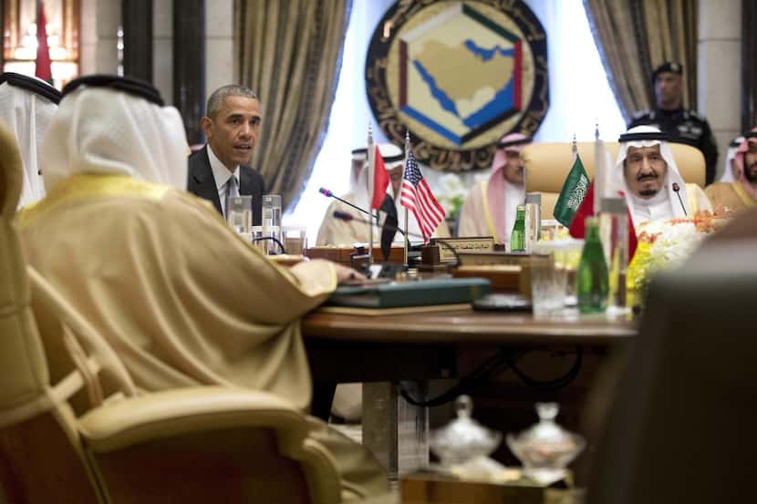 
President Barack Obama, with Saudi Arabia's King Salman, right, speaks after a Gulf...