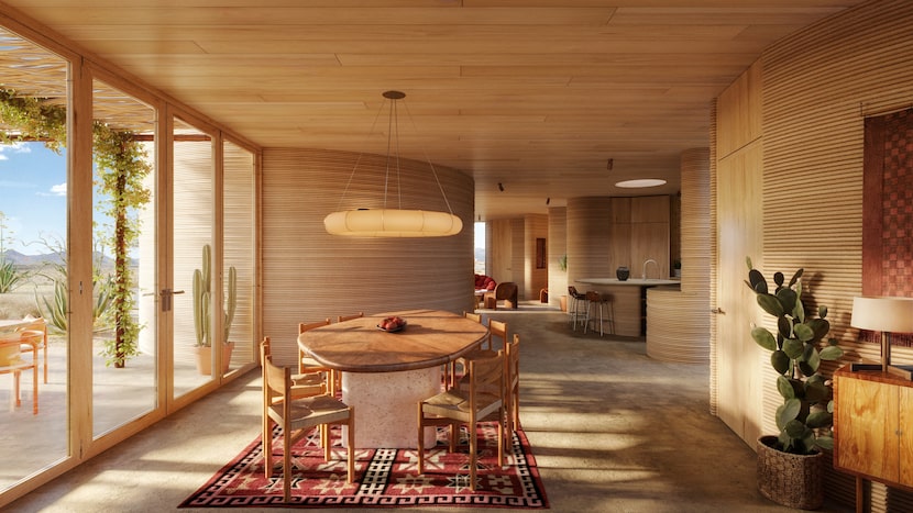 A rendering of a 3D-printed residence at El Cosmico hotel and campground in Marfa, Texas,...