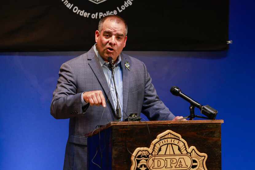 Dallas Police Association president Mike Mata speaks during a news conference at the DPA...