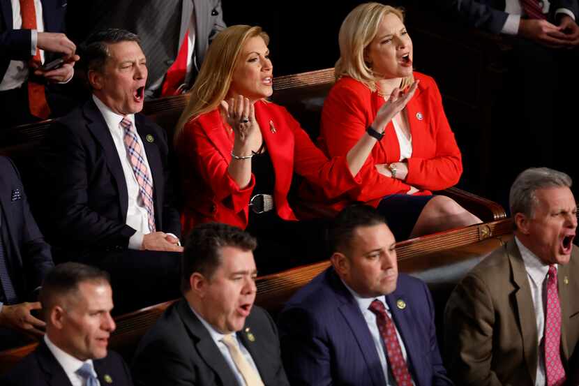 From left, GOP Reps. Ronny Jackson of Amarillo, Beth Van Duyne of Irving and Ashley Hinson...