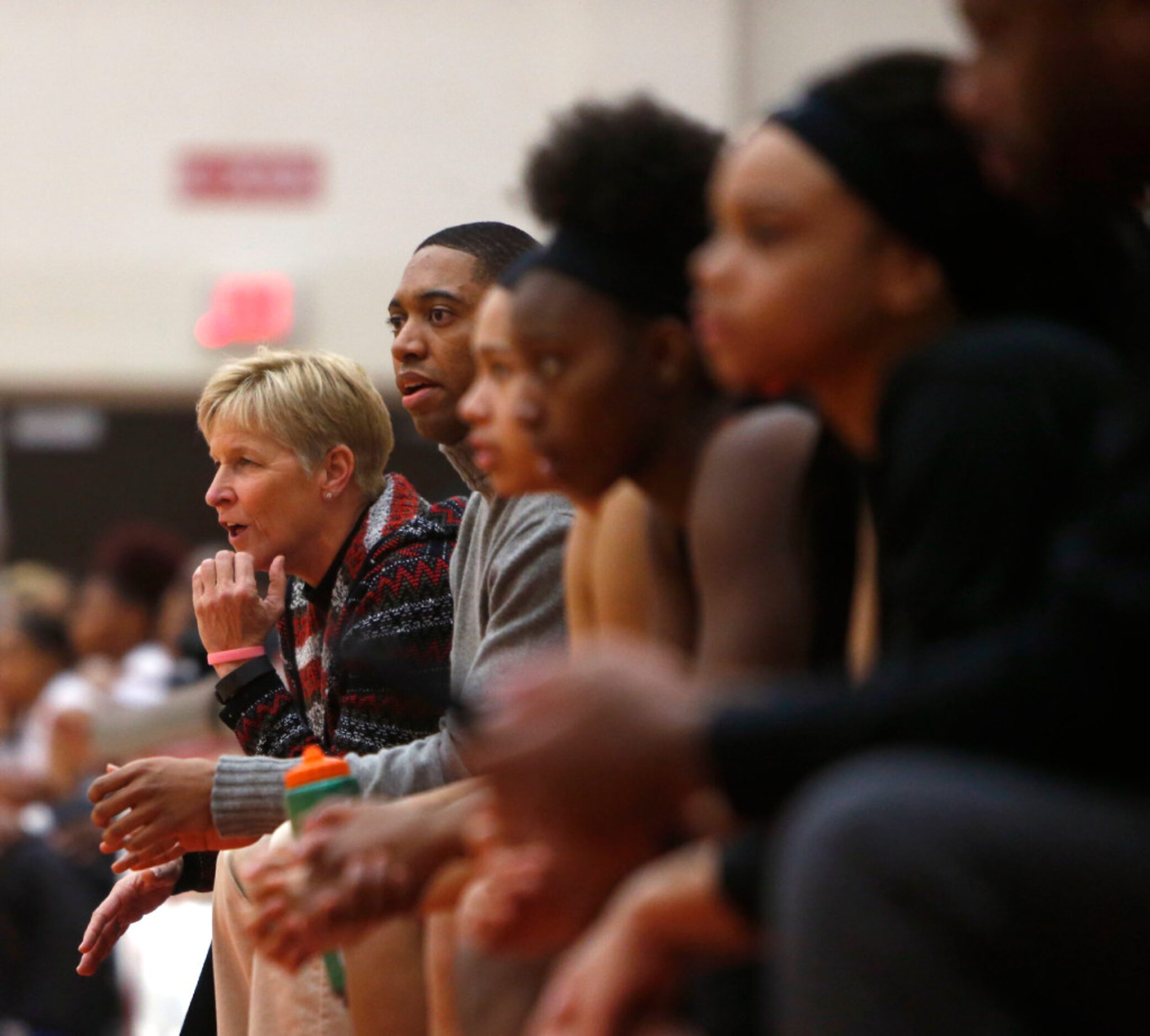 South Grand Prairie coach Samantha Morrow yells during the first quarter against Cedar Hill...