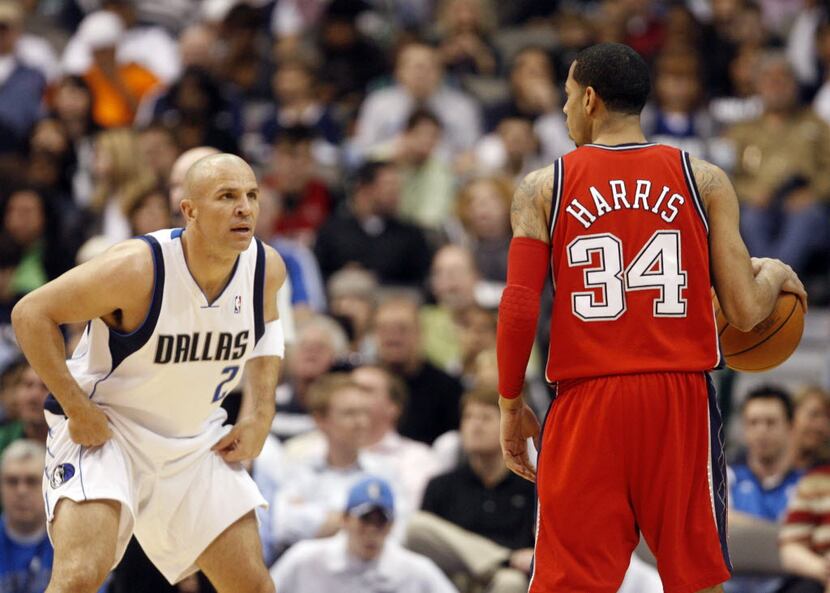 Dallas Mavericks guard Jason Kidd (2) guards New Jersey Nets guard Devin Harris (34) during...