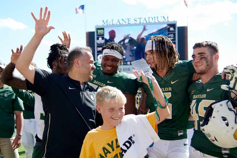 WACO, TX - NOVEMBER 3:  Baylor Bears head coach Matt Rhule celebrates with his team after...