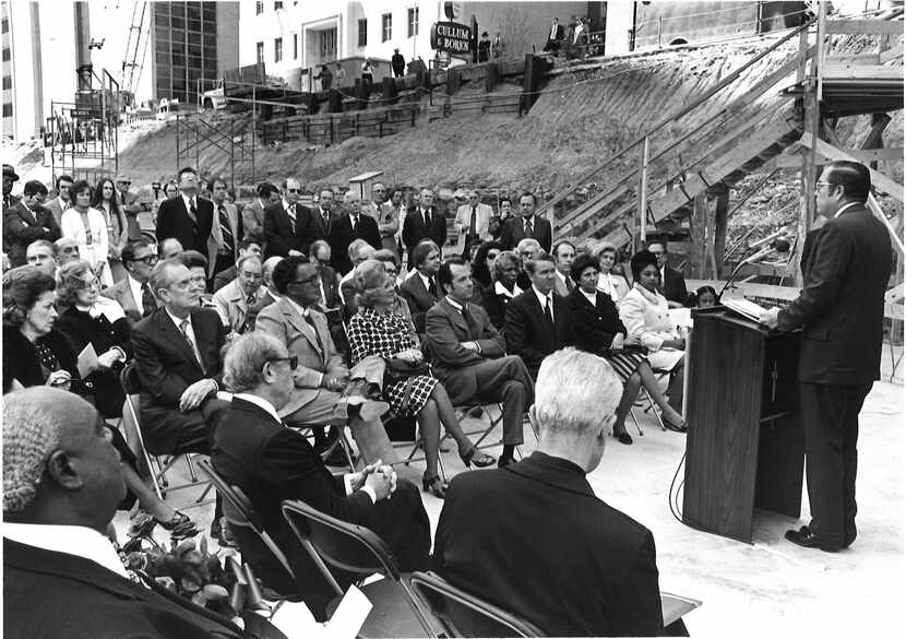 Thanks-Giving Square's dedication with Gov. Dolph Briscoe was held in 1975.