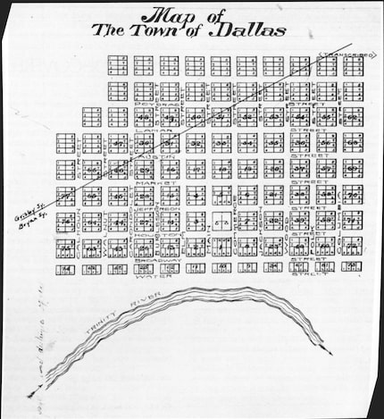 An early plat map showing Dallas around 1850. The city was named by founder John Neely...