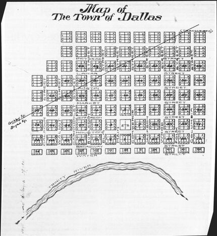 An early plat map showing Dallas around 1850. The city was named by founder John Neely...