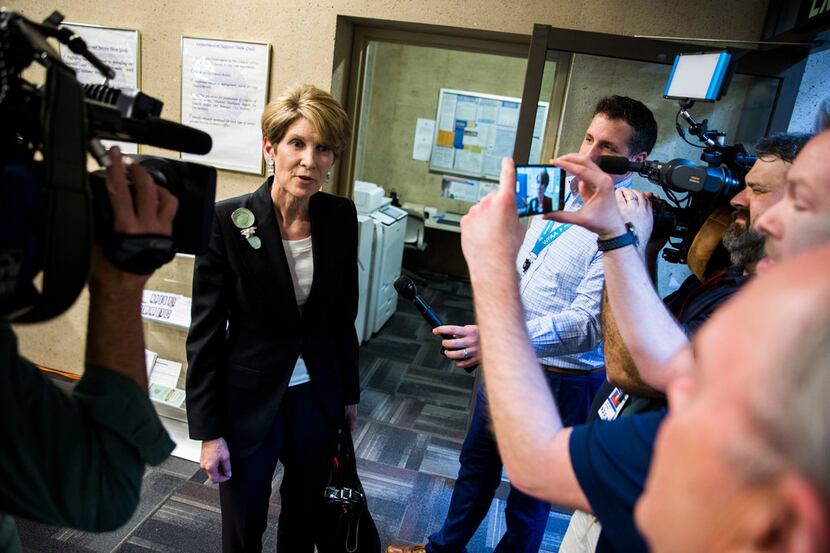 Former Dallas Mayor Laura Miller speaks to reporters as she leaves the City Secretary's...