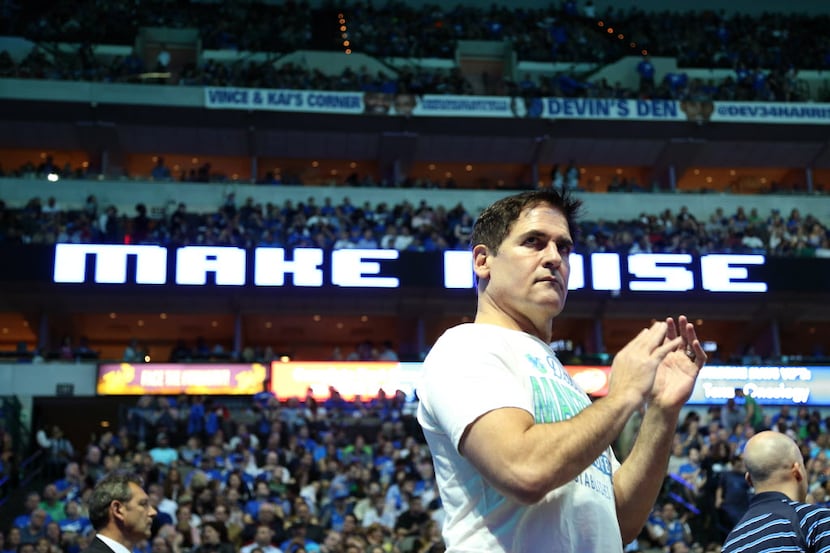 Dallas Mavericks owner Mark Cuban during a timeout against the Golden State Warriors in the...