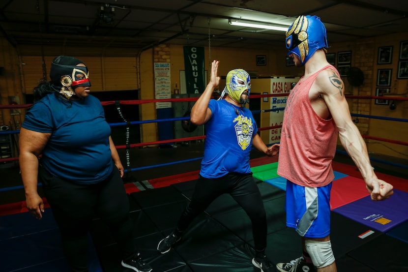 Tiffany Lang as Coyol watches as fight coordinator Aski the Mayan Warrior, center,...