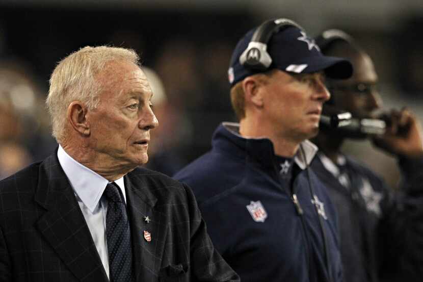 Dallas Cowboys owner Jerry Jones (left) and head coach Jason Garrett look on during the...