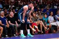 Slovenia's Luka Doncic reacts during an Acropolis tournament basketball match against...