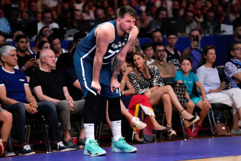 Slovenia's Luka Doncic reacts during an Acropolis tournament basketball match against...