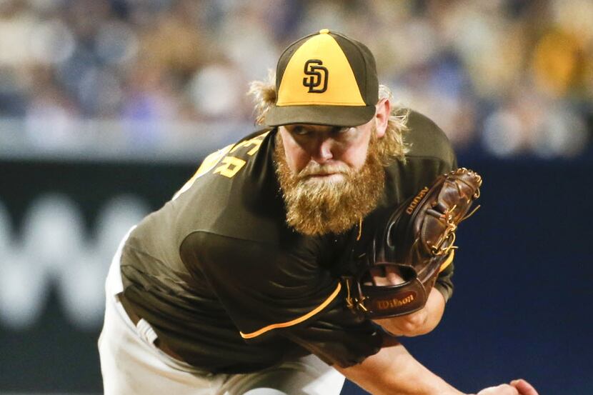 San Diego Padres starting pitcher Andrew Cashner works against the San Francisco Giants in...