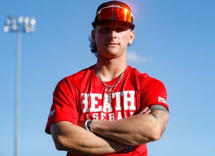 Rockwall-Heath High School senior shortstop, Jett Williams, poses for a portrait at practice...