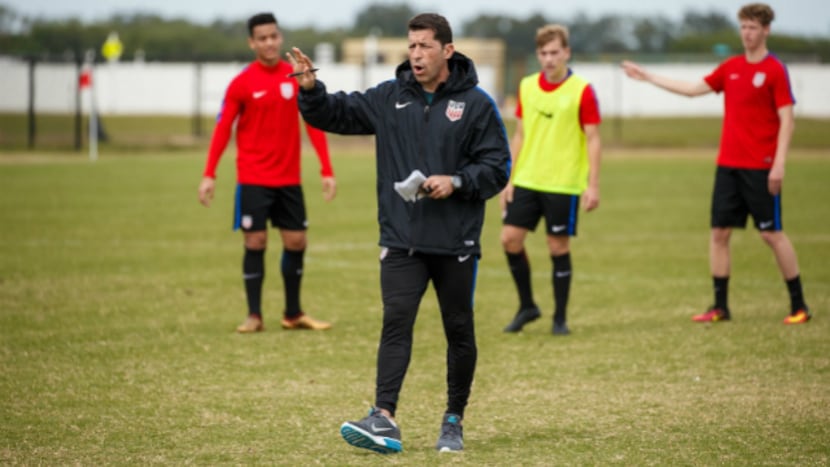 US U20 Coach Tab Ramos gives instructions in training while Brandon Servania, Paxton...