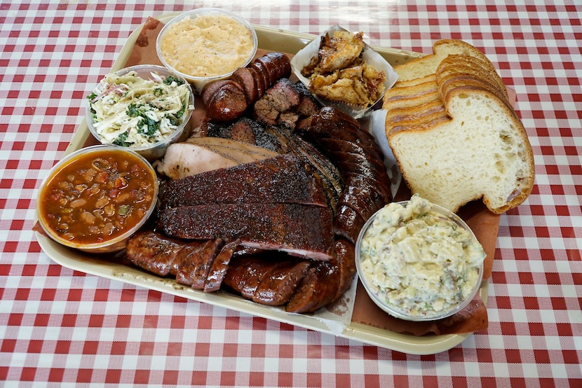 There's no shame in getting way too much food at Goldee's. Pictured: fatty brisket, jalapeño...