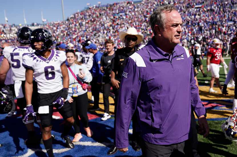TCU head coach Sonny Dykes walks off the field after an NCAA college football game against...