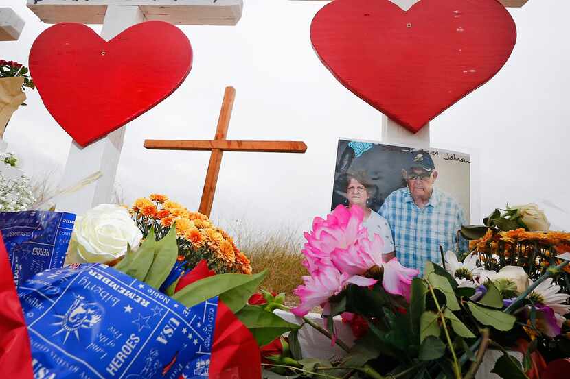 Dennis and Sara Johnson's memorial in front of First Baptist Church in Sutherland Springs on...