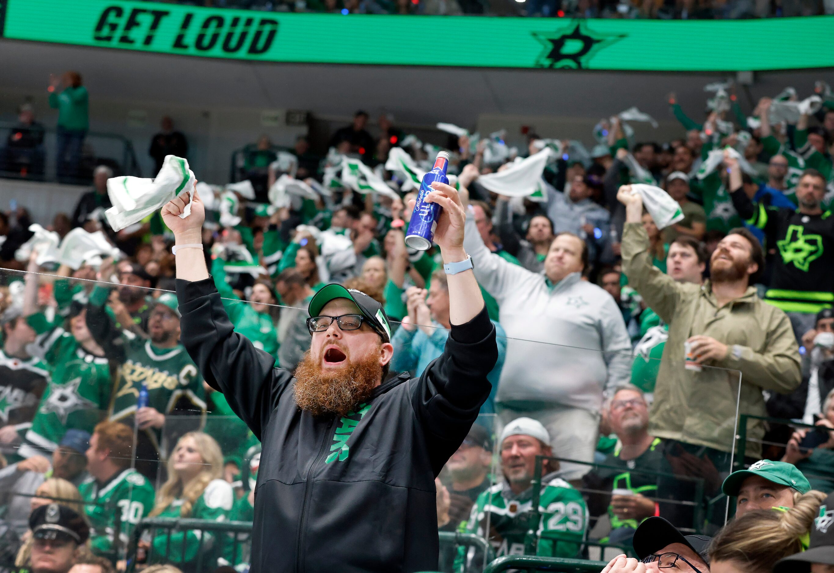 Dallas Stars fans Cher during a second period timeout in Game 7 in a Stanley Cup...