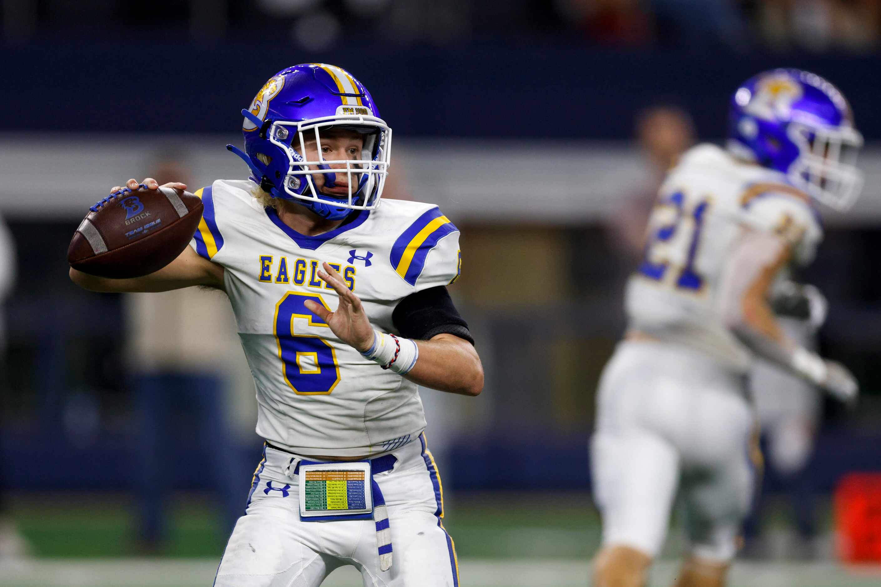 Brock quarterback Tyler Moody (6) looks to throw the ball during the third quarter of the...