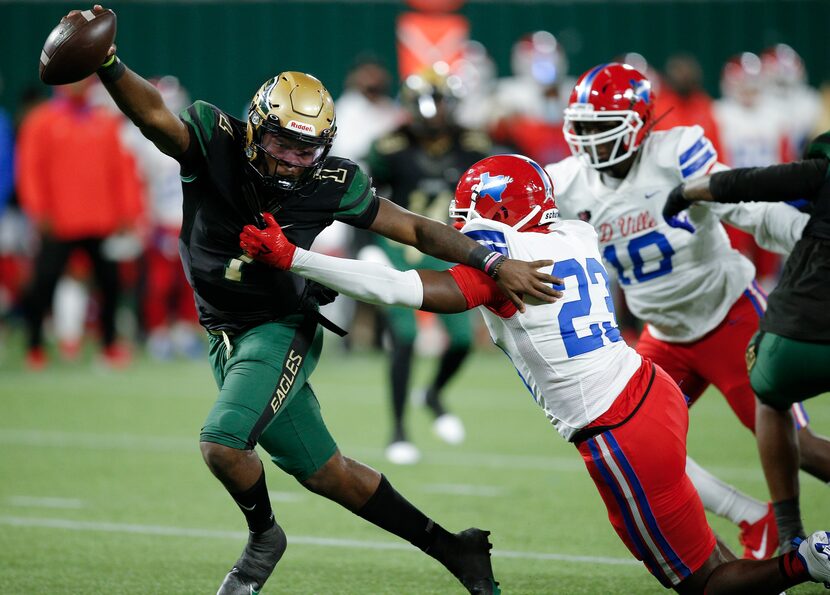 Duncanville's Omari Abor (23) sacks DeSoto quarterback Samari Collier (1) during...