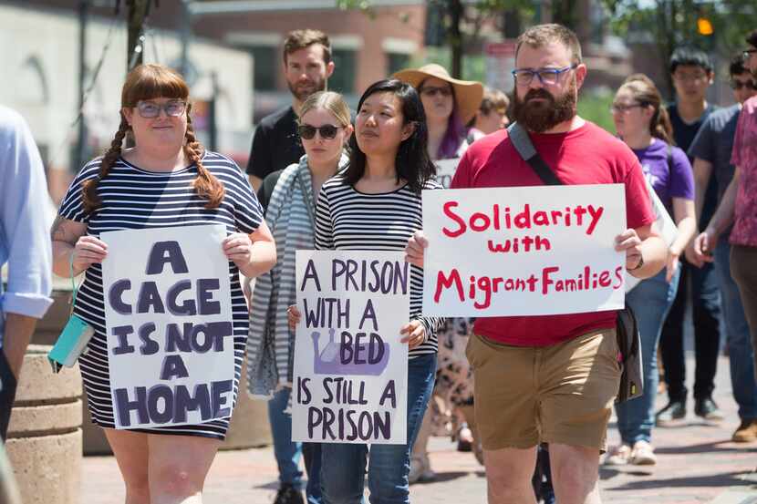 Wayfair Inc. employees participate in a walkout June 26 in Boston, Mass., after the company...