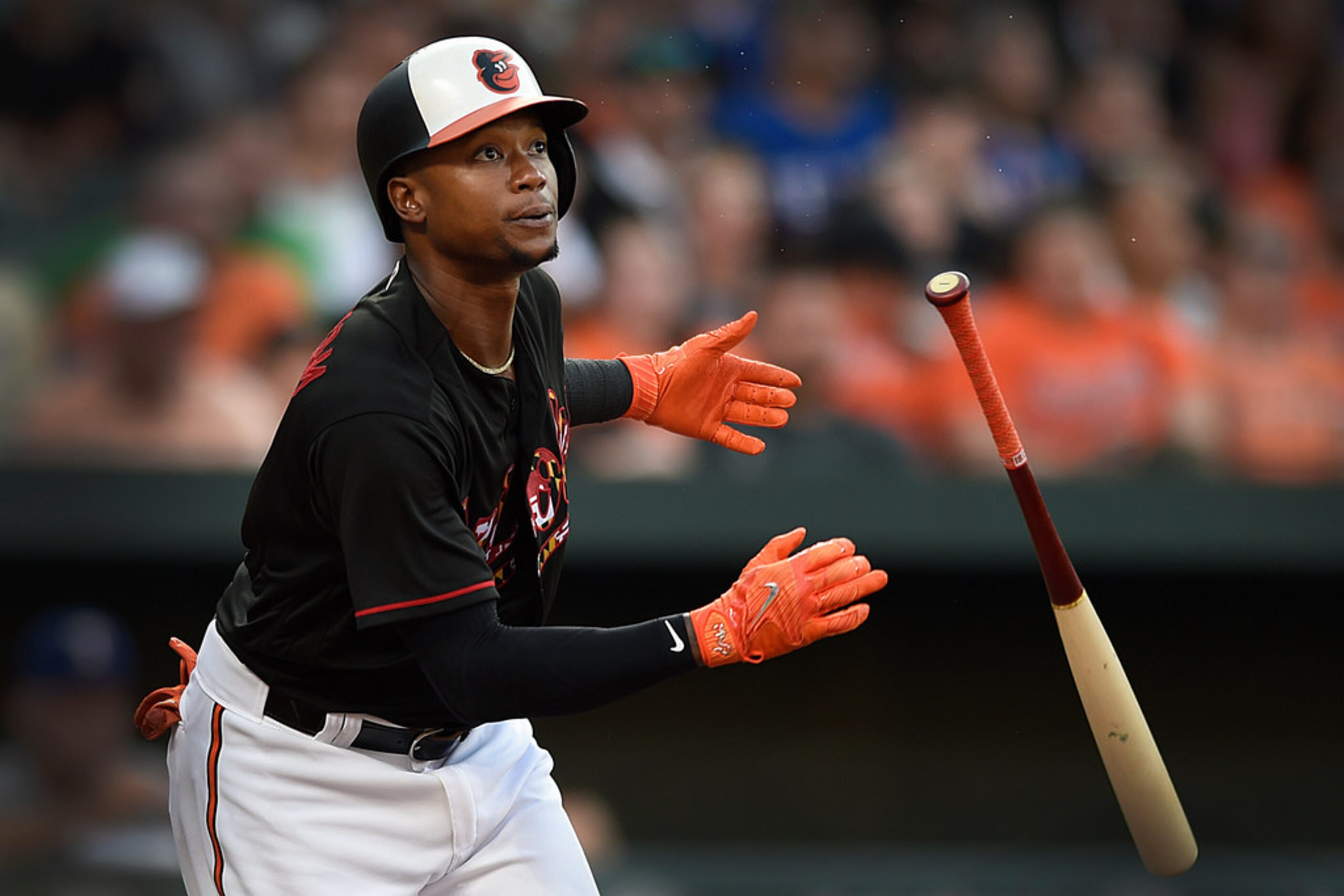 Baltimore Orioles' Tim Beckham follows through on a double against the Texas Rangers' in the...