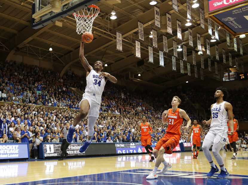 DURHAM, NC - FEBRUARY 24:  Wendell Carter Jr #34 of the Duke Blue Devils dunks the ball...