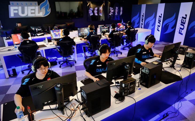 Dallas Fuel Overwatch League players practice ahead of their season opener against Houston...