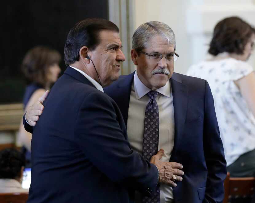 Sen. Larry Taylor (right), with Sen. Eddie Lucio Jr., has not tipped his hand on whether the...