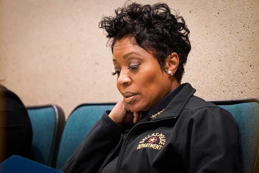 Dallas Police Chief U. Renee Hall listens in during a city council meeting on Wednesday,...