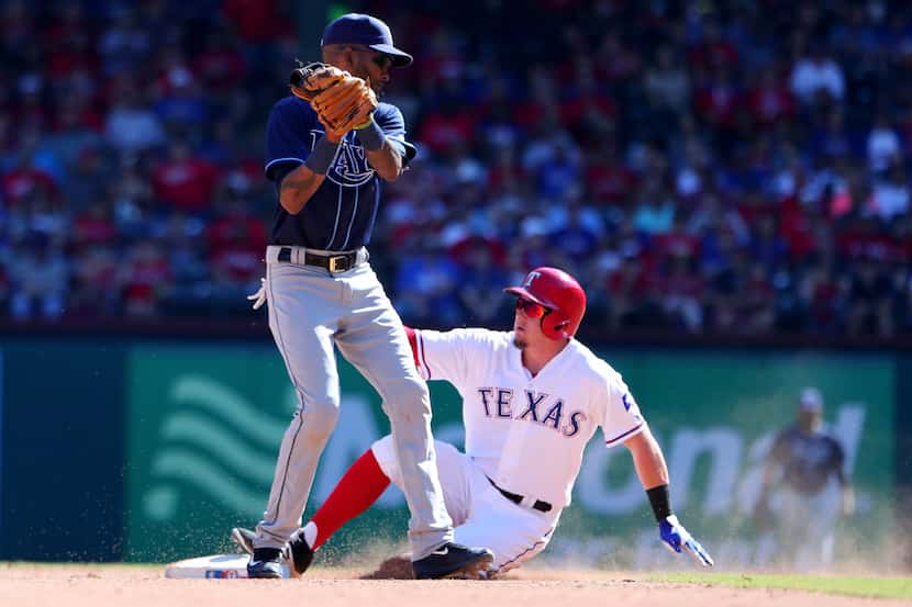 ARLINGTON, TX - OCTOBER 02:  Ryan Rua #16 of the Texas Rangers steals second base against...