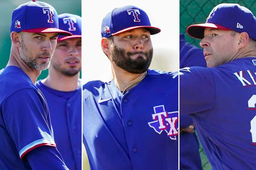 Texas Rangers pitchers Mike Minor, Lance Lynn, and Corey Kluber (L to R) at spring training.