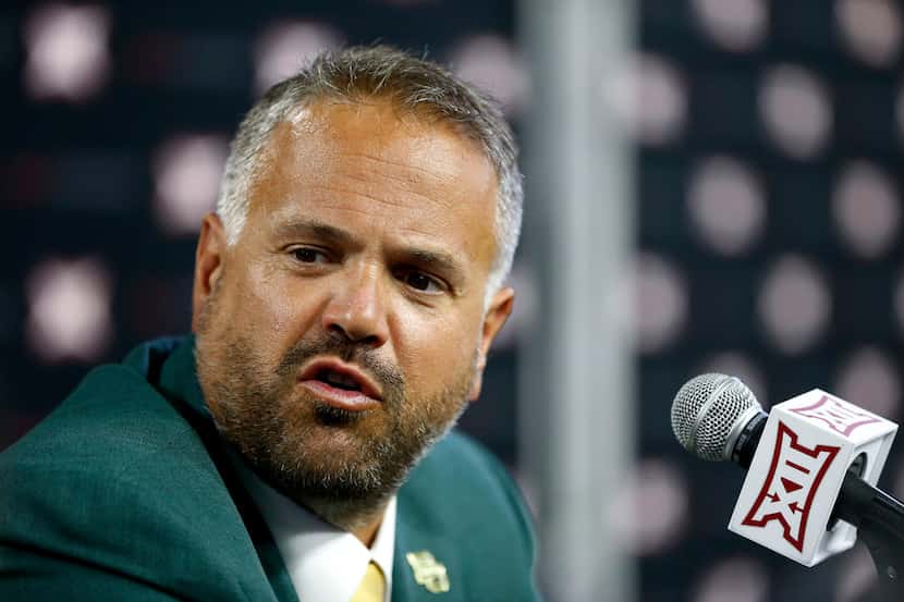 Baylor head football coach Matt Rhule talks with the media in a breakout session during Big...