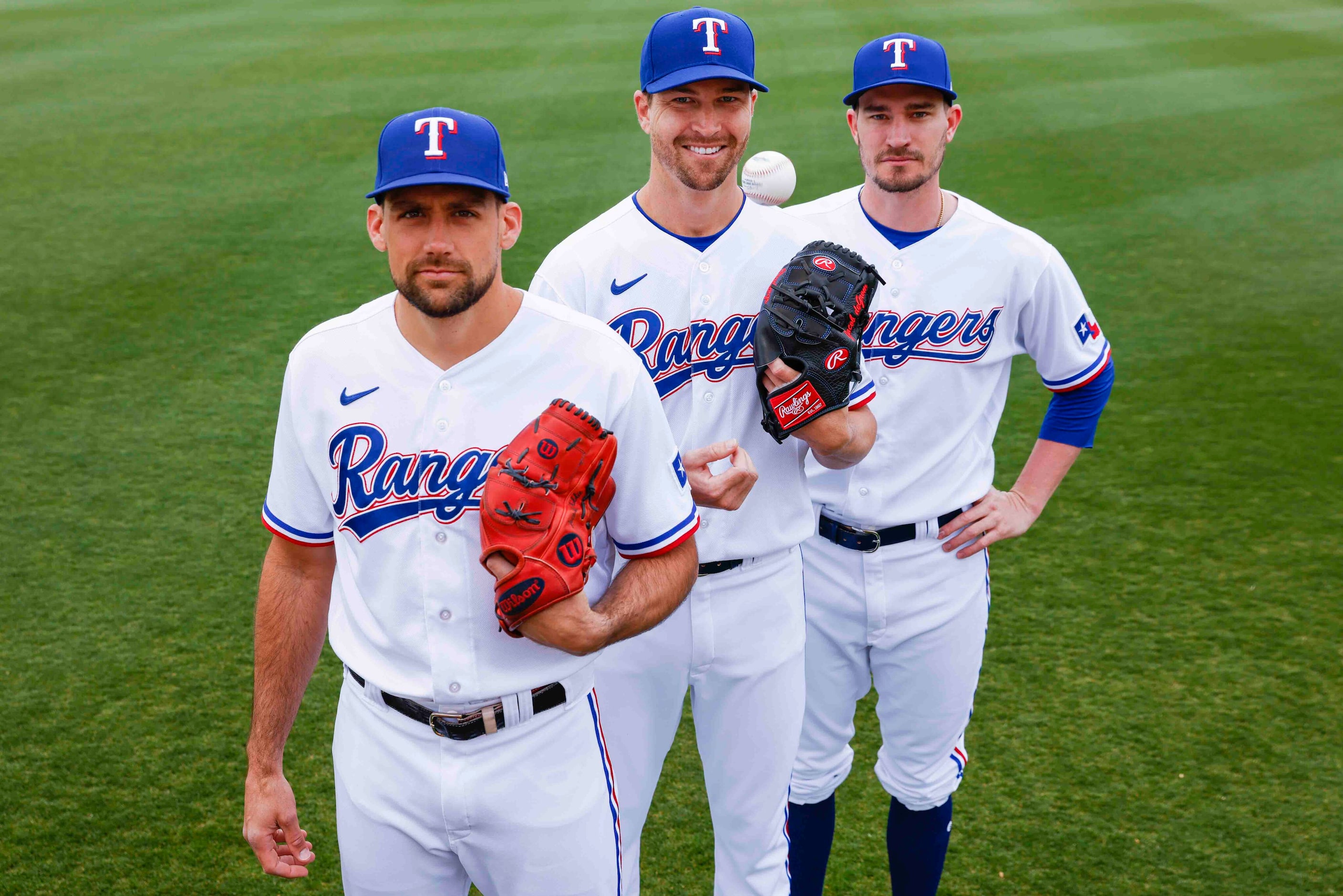 From left, Texas Rangers pitchers Nathan Eovaldi, Jacob deGrom, and Andrew Heaney pictured...