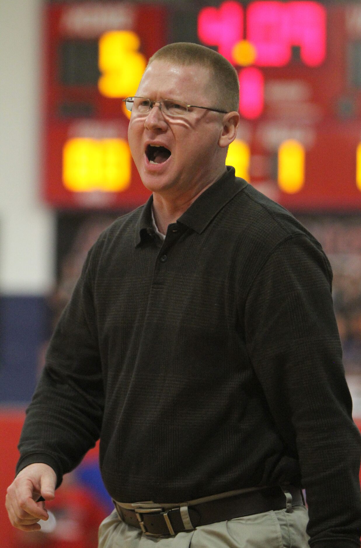 Frisco Centennial head coach Mike Scarbrough reacts to an offensive miscue during first half...