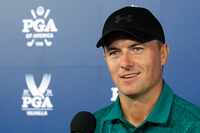 Jordan Spieth speaks during a news conference during the PGA Championship golf tournament at...