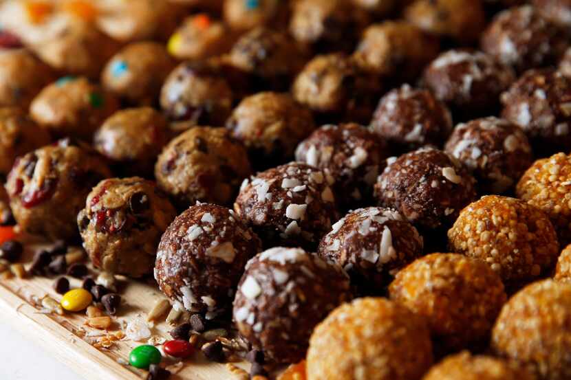 Peanut Butter M&M Energy Balls (from left), Nut Free Chocolate Sunflower Cherry Energy...
