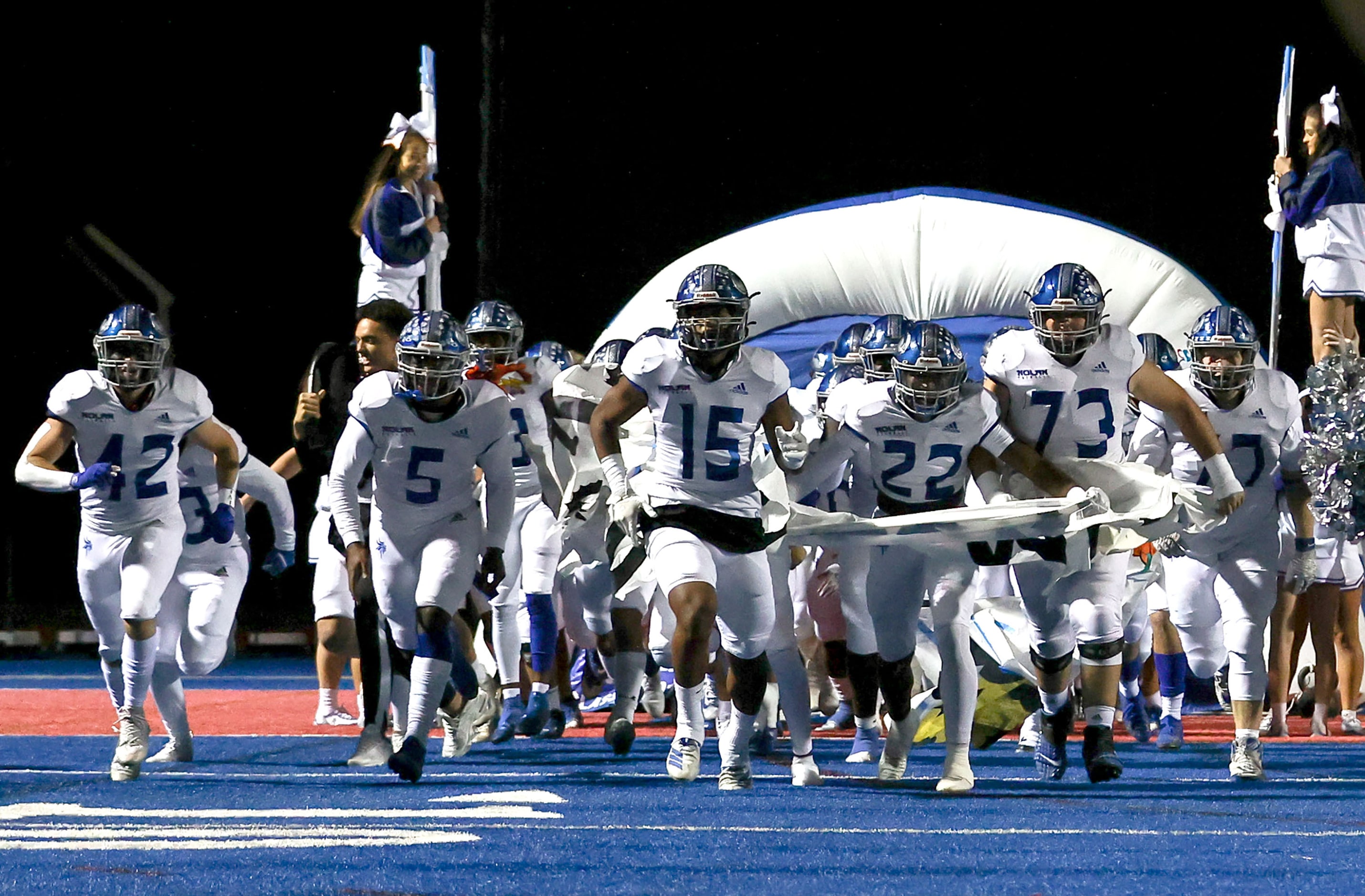 The Fort Worth Nolan Vikings enter the field to face Parish  in a TAPPS 1-I high school...