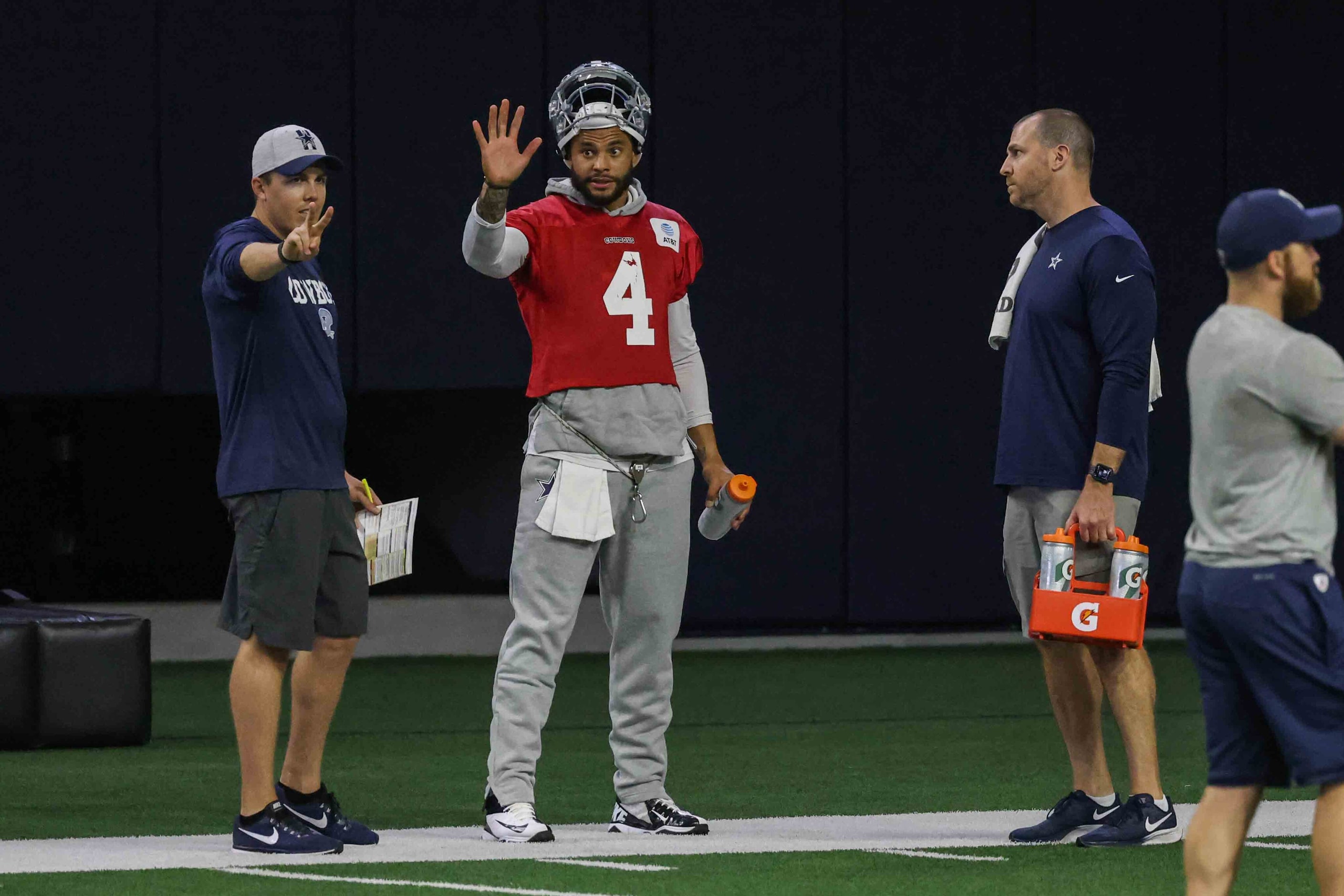 Cowboys' quarterback Dak Prescott #4 during practice at the Ford Center in Frisco on...