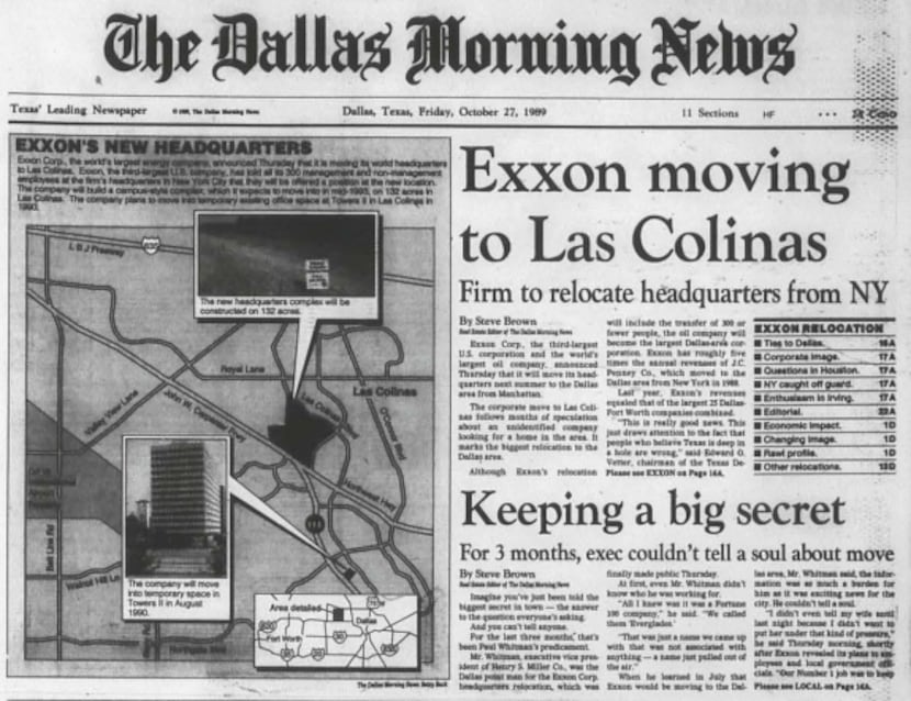 The Dallas Morning News' front page from 1989 when Exxon announced its move to Las Colinas.